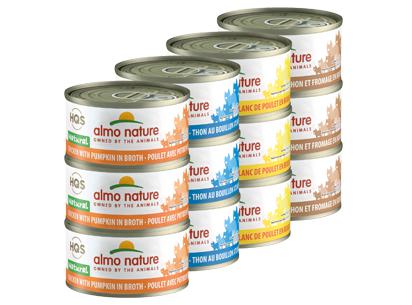 ALMO NATURE HQS NATURAL CAT - Rotational Pack 1 - Chicken Breast in Broth ; Tuna with Cheese in Broth ; Chicken with Pumpkin in Broth ; Tuna in Broth Atlantic Style 24 X 70 gram cans