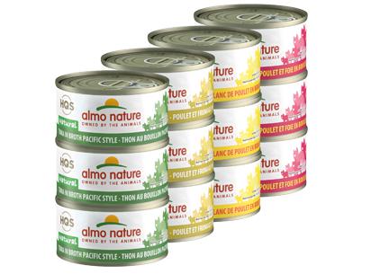 ALMO NATURE HQS NATURAL CAT - Rotational Pack 3  - Pacific Style Tuna in Broth ; Chicken & Cheese in Broth ; Chicken Breast in Broth ; Chicken & Liver in Broth 24 X 70 gram cans